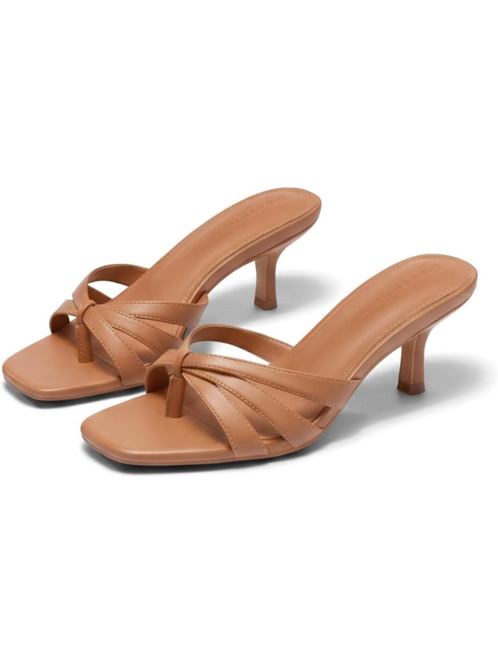 Women's Brown Strappy Kitten Heels Square Open Toe Flip Flops Slip On Shoes